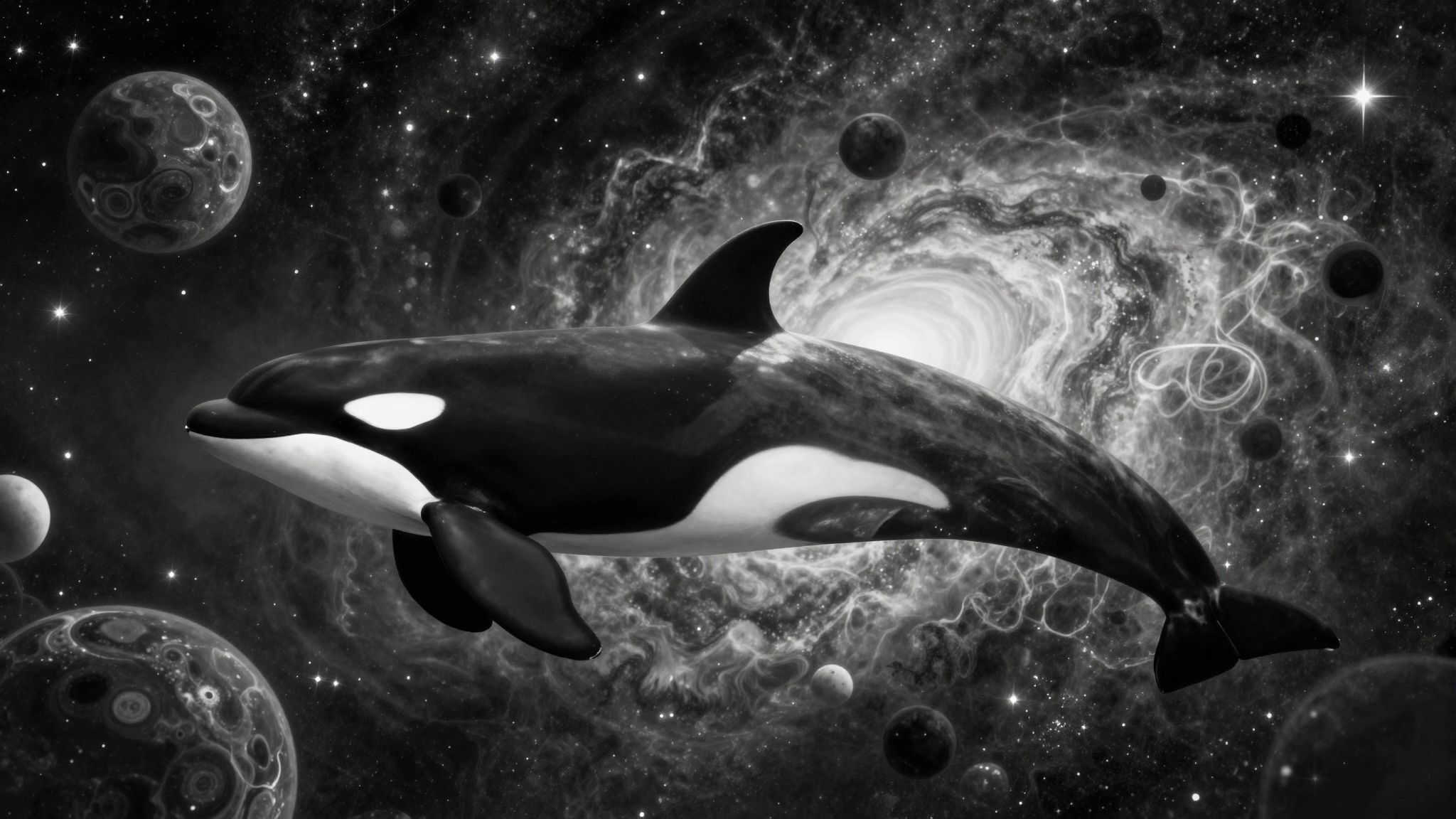 A fekete-fehér kardszárnyú delfin az élet kettősségét jelképezi.