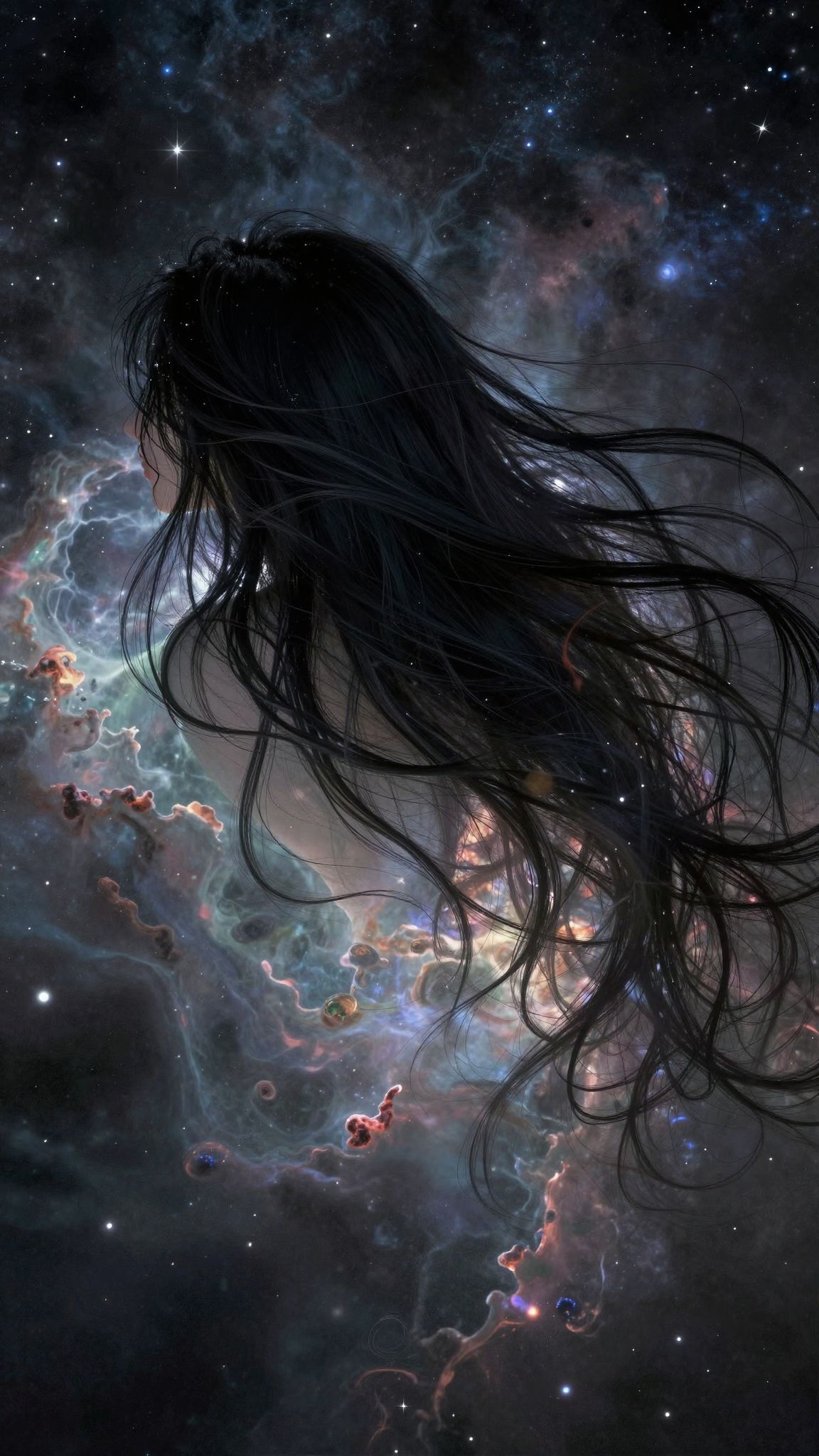 A hosszú, fekete haj az ismeretlen vonzerejét jelképezi.