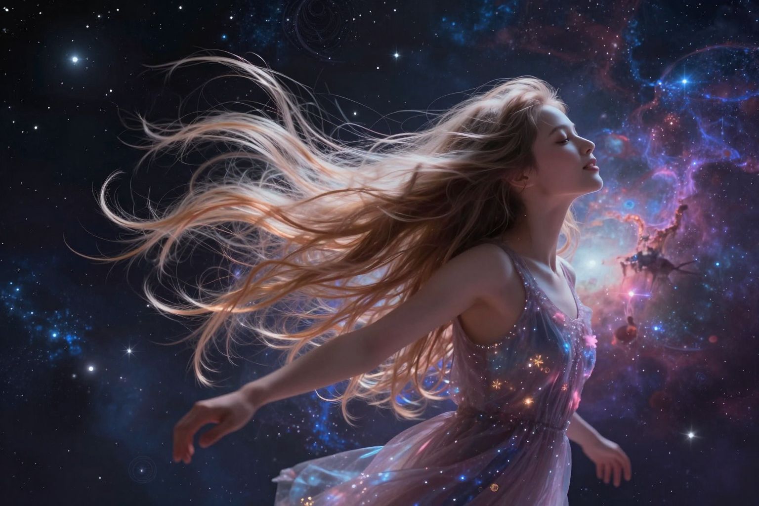 Álom hosszú hajjal játék örömöt és kreatív szabadságot jelképez.