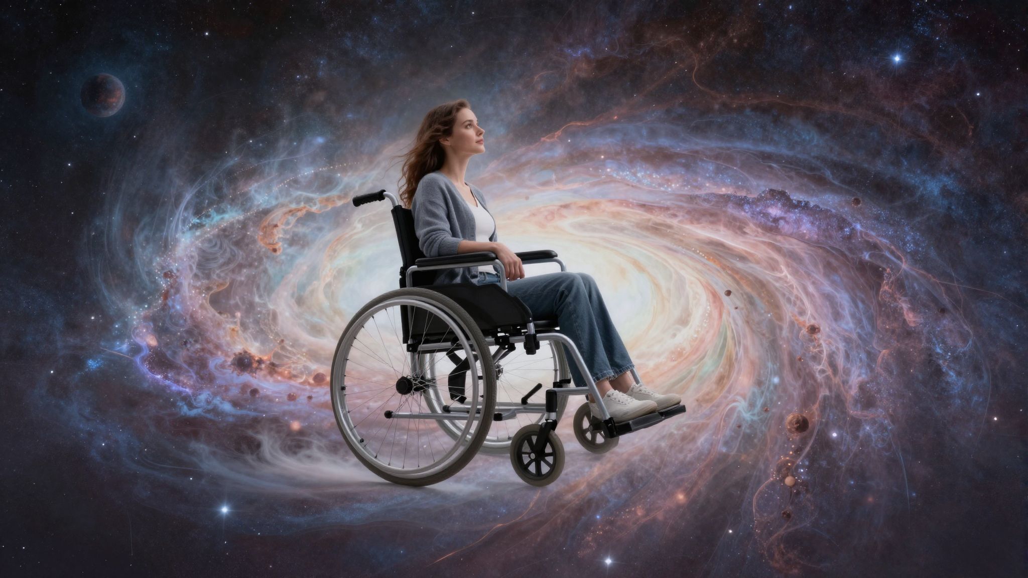 A kerekesszékkel repülés álmában a korlátok legyőzése szimbolikus.